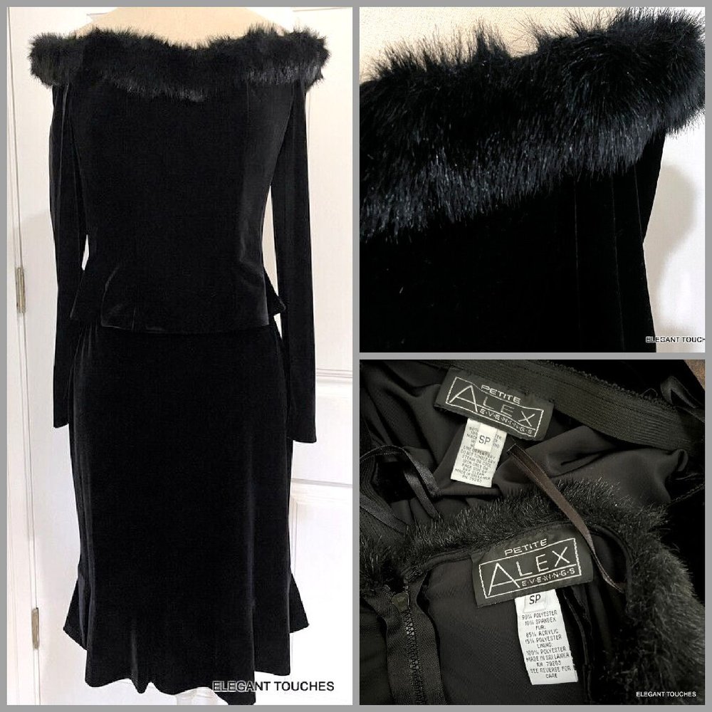 Alex Evenings Petite Black Velour Party Skirt Set PS Off Shoulder Furry L/S Top